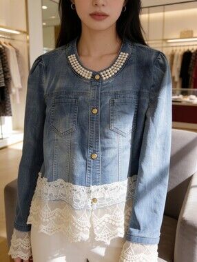 Embellished Denim Jacket with Lace Trim
